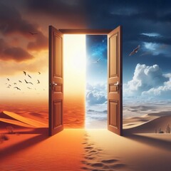 Wall Mural - Conceptual image of open door in desert with sand dunes