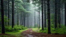 Rainy Afternoon In A Pine Forest. A Light Rain Falls