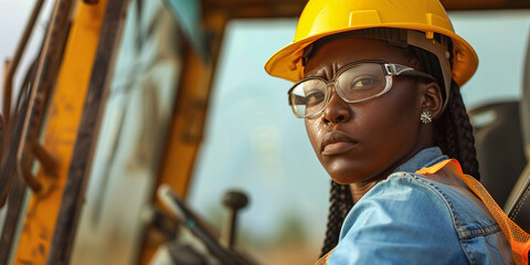 Wall Mural - dark-skinned woman builder in hard hat driving construction equipment