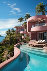 Wall Mural - A charming pink house sits peacefully with a gleaming swimming pool in the foreground, creating a serene oasis of relaxation and luxury