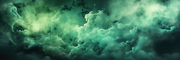 Poster - A mesmerizing scene of a green and black sky adorned with fluffy clouds and twinkling stars, creating a surreal and mysterious atmosphere