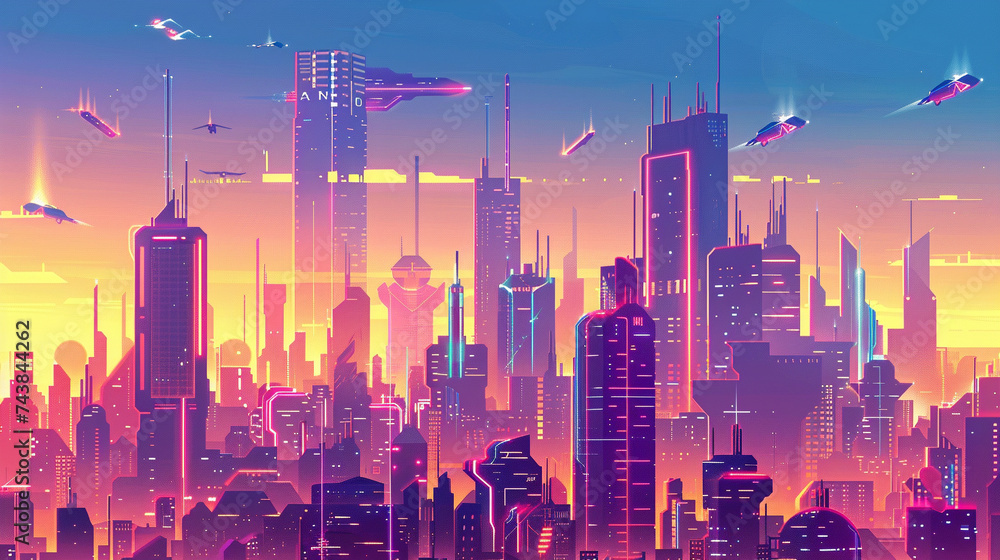A futuristic cityscape with towering skyscrapers and flying cars ...