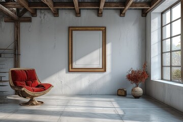 Sticker - An abandoned room with minimalistic decor featuring a striking red chair and an empty picture frame hanging on the wall