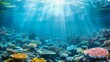 Illustration of a vibrant coral reef under the sea with diverse marine life and sunlight filtering through the water