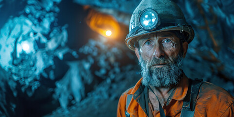 Wall Mural - Miner in a helmet against the background of a coal mine