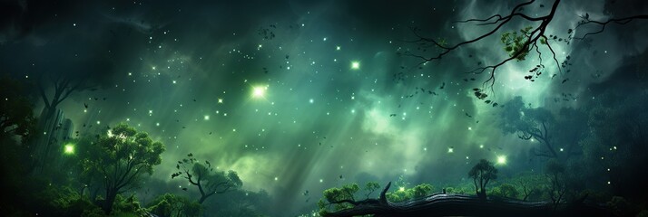 Poster - A vibrant painting capturing a dense forest teeming with an abundance of towering trees, creating a mesmerizing and immersive scene