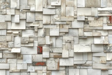 Aufkleber - Close up of a wall created by intricately stacked wooden blocks, showcasing the natural textures and patterns of the wood
