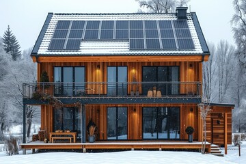 Wall Mural - A modern house featuring a sleek solar panel on its roof, harnessing renewable energy to power the home efficiently and sustainably