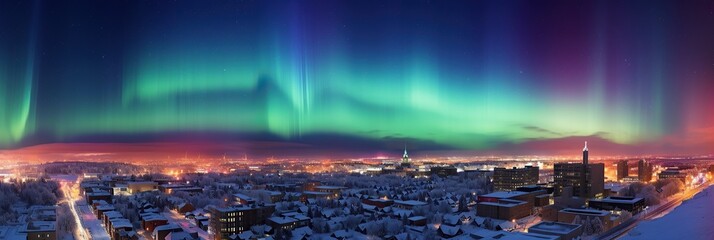 Wall Mural - The mesmerizing aurora borealis lights up the night sky above a bustling city, casting colorful ribbons of light across the urban landscape