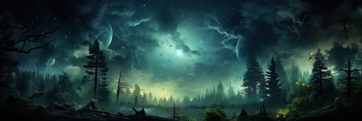 Poster - The forest is alive under a moonlit sky, as countless trees stand tall and majestic among the shadows, creating a serene and enchanting scene