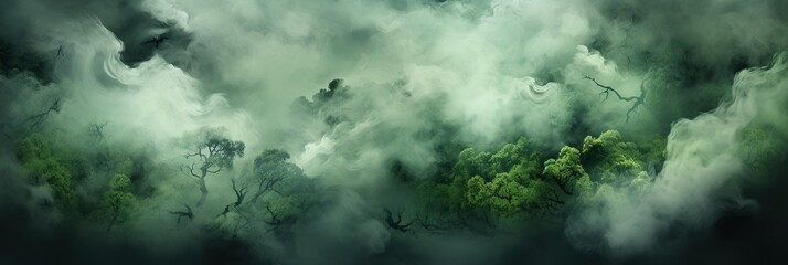 Poster - Embraced by misty clouds, a lush forest thrives from above, its sprawling green canopy housing untold secrets and mysteries