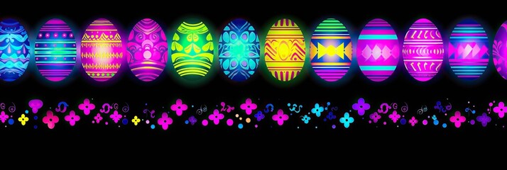 Poster - A vibrant row of colorful Easter eggs sit on a sleek black background, showcasing a stunning array of hues and patterns