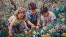 Children Vintage Portrait Searching Colorful Easter Egg In Spring Field, Easter Egg Hunt