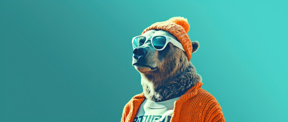 Bear in a sweatshirt , warm orange jacket and sunglasses on a blue pastel background. Place for text