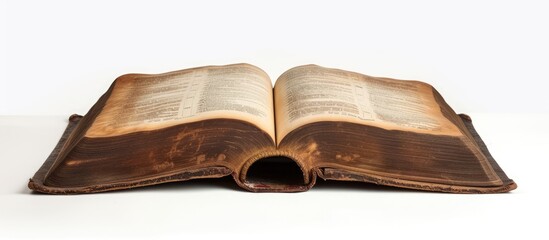 An open Bible book rests on top of a table, creating a captivating visual.