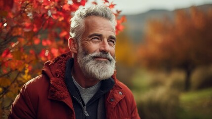 Wall Mural - Close-up of a handsome stylish gray-haired senior man wearing a red jacket and looking into the distance against the background of an autumn landscape.