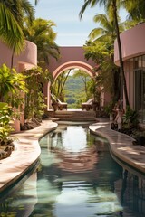 Poster - A serene pool surrounded by lush palm trees stands next to a contemporary building, creating a relaxing and tropical getaway spot