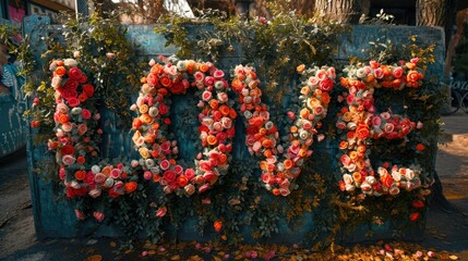Poster - A sign adorned with an explosion of vibrant flowers, showcasing an artistic blend of nature and creativity
