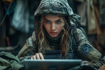 Wall Mural - A determined young soldier, dressed in her crisp military attire, focuses intently on her laptop screen as she navigates through a virtual battlefield with her human face illuminated by the glow of t