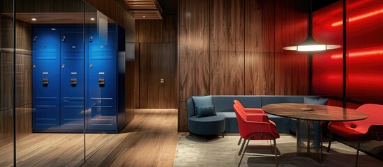 Wall Mural - contemporary office design with wooden walls, red glass wall, blue locker, small sofa area with roun
