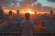 A solitary man gazes out over the bustling city, the warm glow of sunrise backlighting his figure as he stands atop a skyscraper, the clouds and buildings blending together in the sky