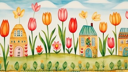 Poster - A picturesque painting featuring a charming house nestled among a vibrant array of colorful flowers in full bloom