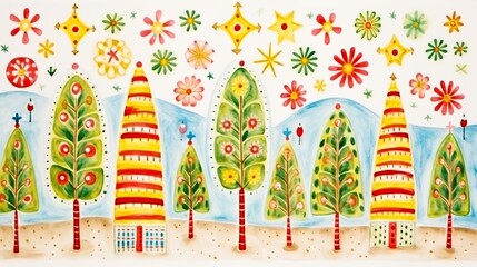 Sticker - A vibrant painting showcasing a lush forest of trees and colorful blooming flowers against a serene white backdrop