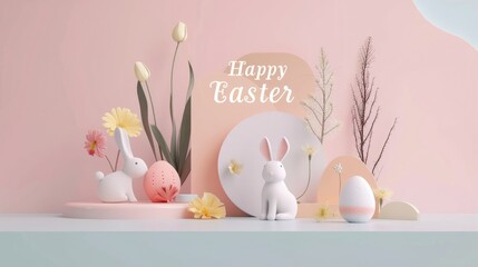 Wall Mural - Happy Easter banner, Trendy Easter design with bunny and egg on pink background