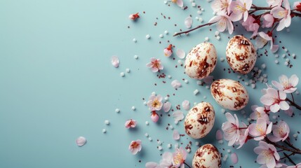 Wall Mural - Easter egg with Colorful flower on blue background, copy space