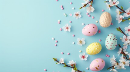 Wall Mural - Easter egg chocolate with Colorful flower on blue background, copy space