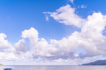 Wall Mural - scene romantic sunset at Karon beach. abstract nature background..Sunset with bright color light rays and other atmospheric effects..Gradient color.cloudscape background in Phuket Thailand.