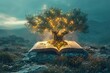 A tree grows out of an open book, showcasing a unique and unexpected combination of nature and literature. The trees roots intertwine with the pages, creating a striking visual contrast