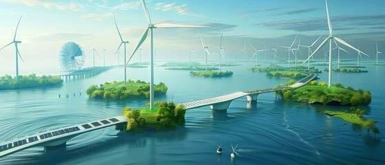 Visionary world connected by green energy bridges spanning continents, wind turbines, solar panels, clean grid connections