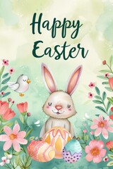 Wall Mural - Happy Easter with cute watercolor rabbit cartoon with flower, Vector illustration for greeting card