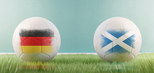 Wall Mural - Germany vs Scotland football match infographic template for Euro 2024 matchday scoreline announcement. Two soccer balls with country flags placed against each other on the green grass with copy space