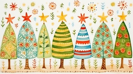 Wall Mural - A vibrant painting depicting a serene row of Christmas trees standing tall against a snowy backdrop, each adorned with twinkling lights and colorful ornaments