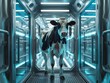 Cybernetic cow in a high tech farm pod showcasing the future of livestock management and sustainability