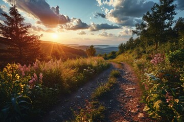 Poster - The sun sets gracefully over a tranquil dirt road, casting warm hues across the landscape as the day comes to a peaceful close