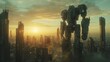 Futuristic cityscape with Gundam figures as towering monuments sunrise illuminating steel