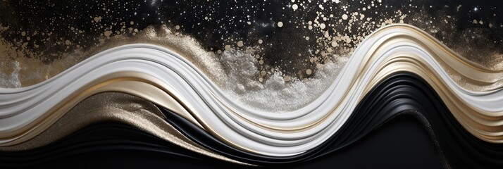 Sticker - A mesmerizing abstract painting featuring flowing gold and white waves against a black background, creating a sense of ethereal elegance and movement