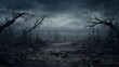 © Nu Ai generated imag - a view of barren land with dead trees and a dark atmosphere
