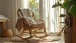A serene corner of a room with a rocking chair draped with a knitted throw, surrounded by lush indoor plants basking in the natural light from a window..