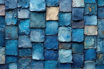 Leinwandbilder - A close up of a textured blue brick wall, revealing intricate patterns and shades of blue