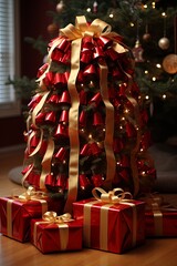 Canvas Print - A whimsical Christmas tree made entirely of wrapped presents, each box adorned with colorful paper and festive bows, creating a stunning and unique holiday display