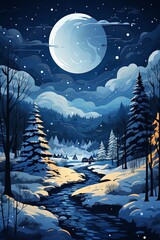 Wall Mural - Snow blankets the ground as a stream gently flows through a forest of tall trees under the soft light of the moon on a serene winter night