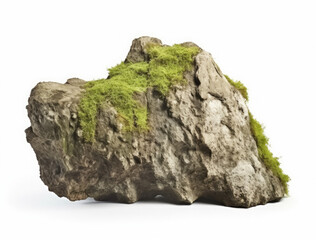Wall Mural - cluster of rugged rock cliffs with green moss made of dark gray color limestone on an isolated white background