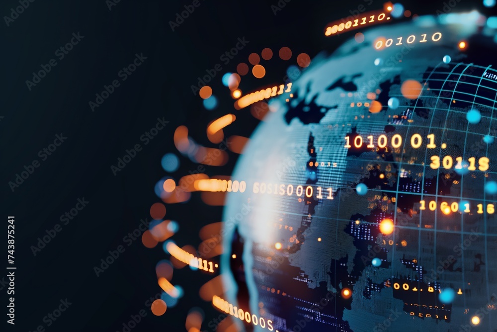 Illuminated digital globe with binary code, symbolizing global connectivity and data networks.

