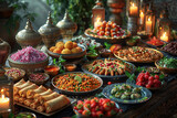 abundance of food and sweets prepared for the Eid Mubarak feast such as biryani, kebabs, samosas, and desserts like baklava and kunafa