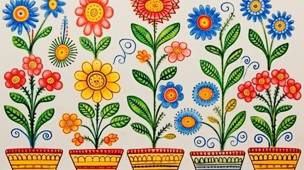 Wall Mural - A vibrant painting depicting a variety of colorful flowers in pots hung on a wall, adding a touch of nature to the urban environment