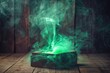© darshika - open pandoras box with green smoke on a wooden background  high contrast image